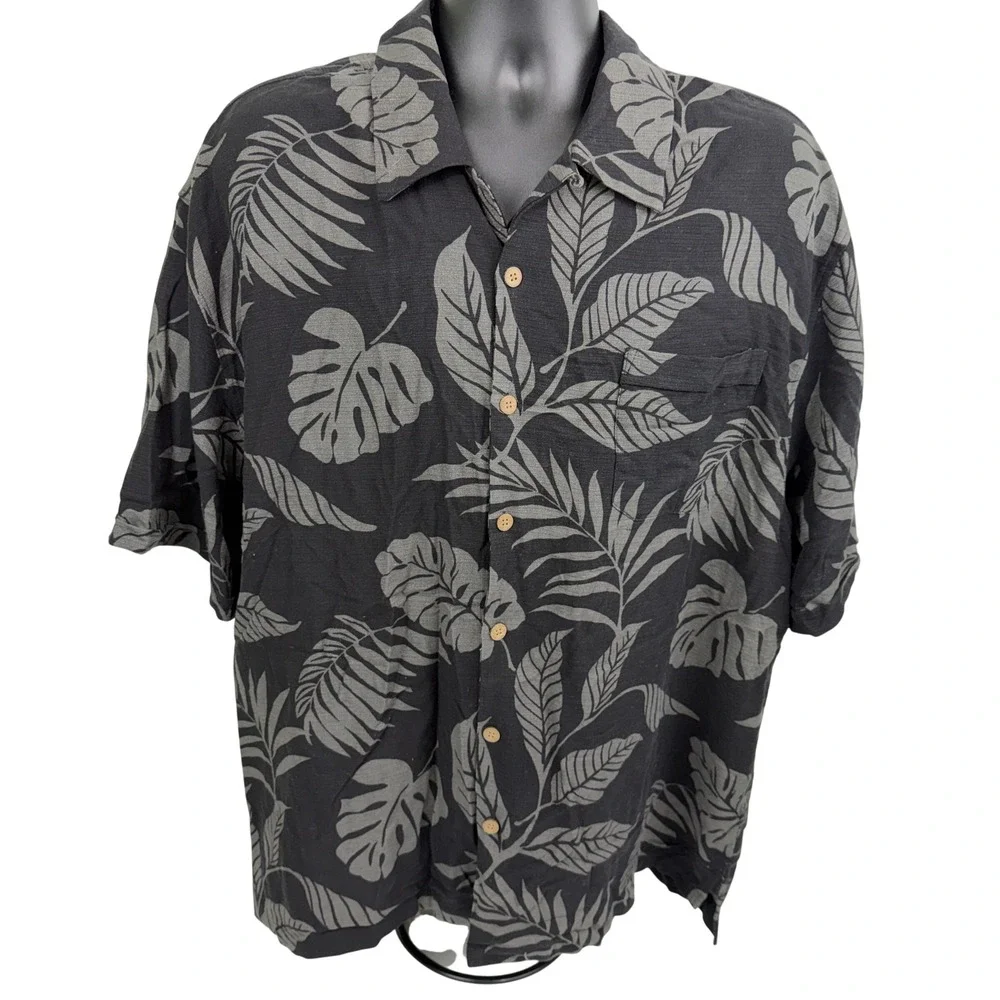 Jamaica Jaxx Mens XXL Silk Tropical Leaf Button Down Shirt Black Grey